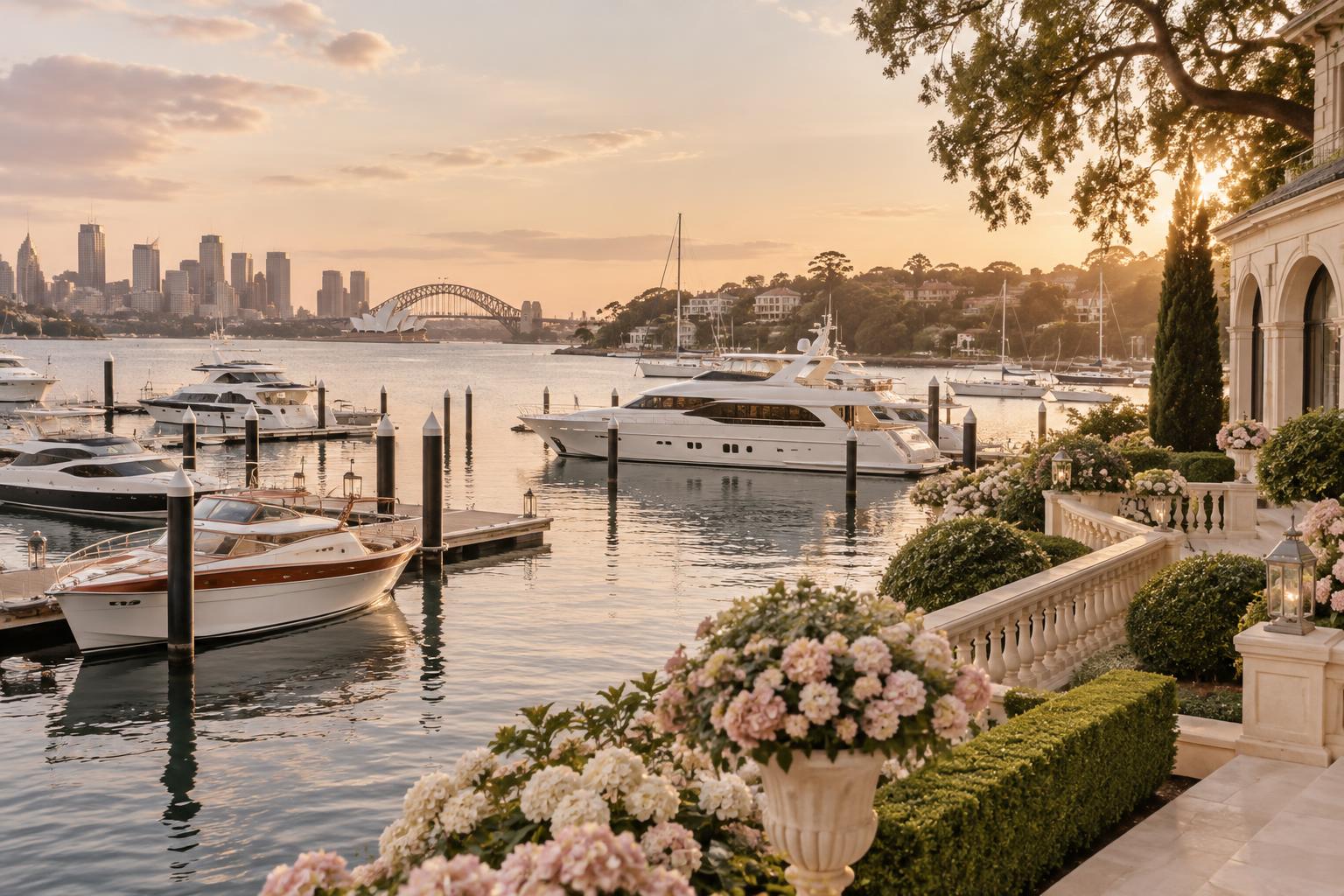 Luxury marina at Point Piper with yachts moored on calm Sydney Harbour water