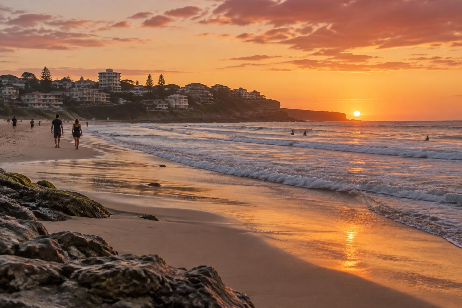 A relaxed Sydney beach at sunset, with gentle waves on the sand